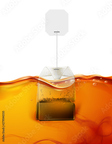 Vector realistic teabag dipped into hot water