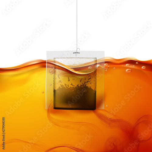 Vector realistic teabag dipped into hot water