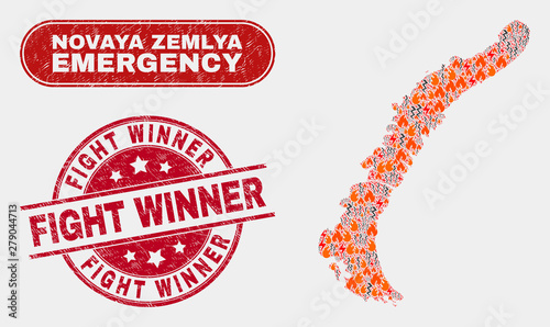 Vector composition of wildfire Novaya Zemlya Islands map and red round textured Fight Winner seal stamp. Emergency Novaya Zemlya Islands map mosaic of destruction, power flash icons.