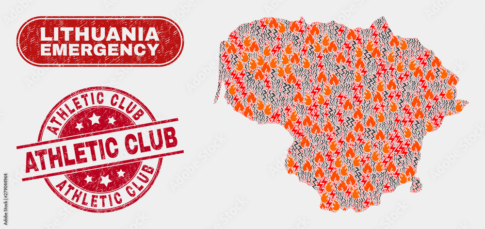 Vector composition of wildfire Lithuania map and red round distress Athletic Club seal stamp. Emergency Lithuania map mosaic of burning, power hazard elements. Vector composition for safety services,