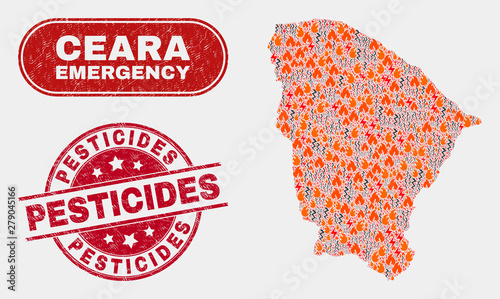 Fotografia Vector composition of wildfire Ceara state map and red rounded textured Pesticides stamp