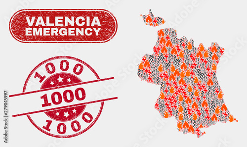 Vector composition of hazard Valencia Province map and red round textured 1000 stamp. Emergency Valencia Province map mosaic of destruction, power strike items.