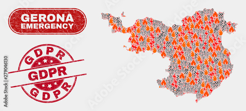 Vector composition of danger Gerona Province map and red round textured Gdpr stamp. Emergency Gerona Province map mosaic of wildfire, electric strike elements.