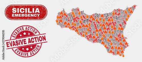Vector composition of hazard Sicilia map and red round scratched Evasive Action seal stamp. Emergency Sicilia map mosaic of burning, energy strike symbols. Vector composition for safety services,