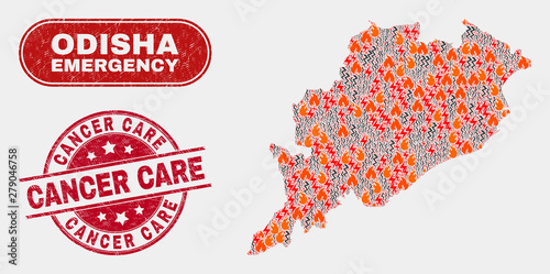 Vector collage of wildfire Odisha State map and red round grunge Cancer Care seal stamp. Emergency Odisha State map mosaic of wildfire, energy hazard symbols. Vector collage for emergency services,
