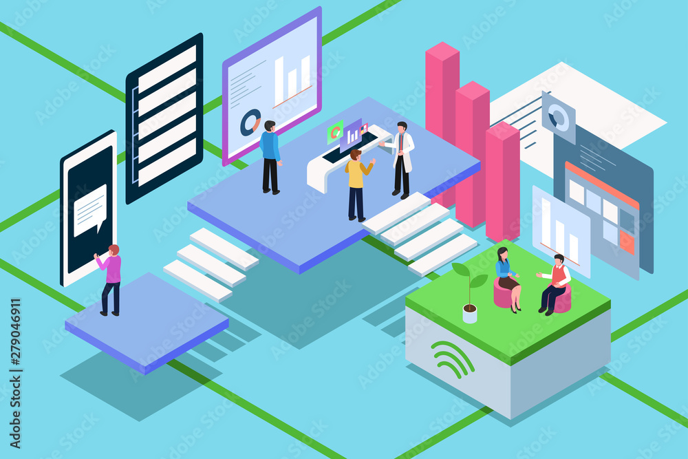 Isometric of Business People Working With Technology Illustration