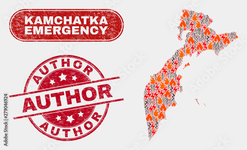 Vector composition of wildfire Kamchatka map and red rounded textured Author watermark. Emergency Kamchatka map mosaic of wildfire, power shock elements. Vector composition for safety services,
