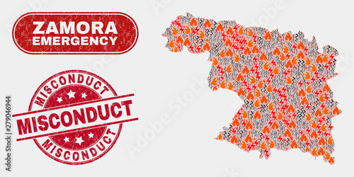 Vector collage of firestorm Zamora Province map and red rounded distress Misconduct watermark. Emergency Zamora Province map mosaic of fire, energy flash icons. Vector collage for emergency services,