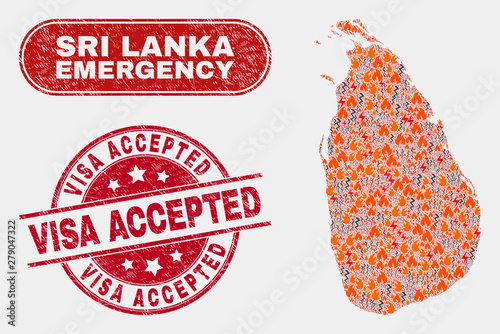 Vector collage of wildfire Sri Lanka map and red round distress Visa Accepted watermark. Emergency Sri Lanka map mosaic of flame, power shock symbols. Vector collage for safety services,