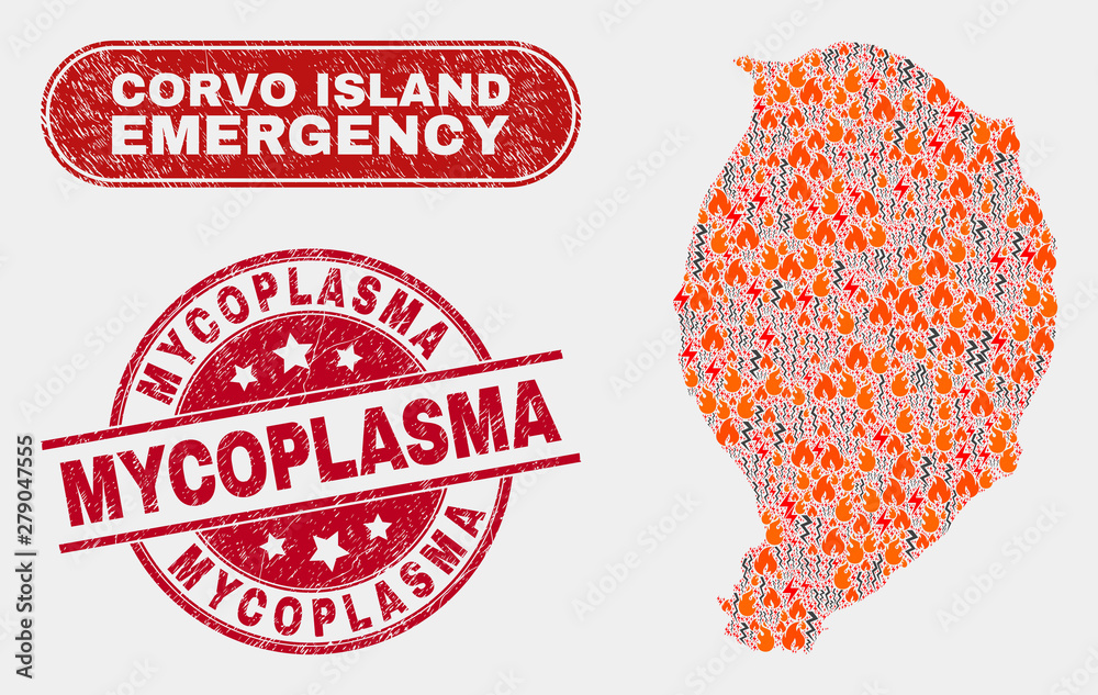 Vector composition of wildfire Corvo Island map and red round distress Mycoplasma stamp. Emergency Corvo Island map mosaic of wildfire, electric flash icons. Vector collage for emergency services,