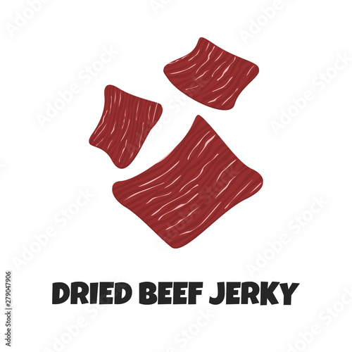 Vector Realistic Illustration of Dried Beef Jerky. Dried Red Meat is like Snack for Carnivore Diet. Concept Design of Crispy Meaty Product in Flat Style. Meaty Appetizer of Premium Quality