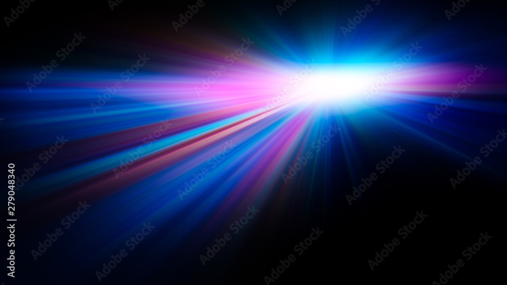 Colorful abstract radiant flash. Explosion hyper acceleration race .for speed in futuristic outer space. Star on dark background. .Magic explosion star with particles. Light effect.