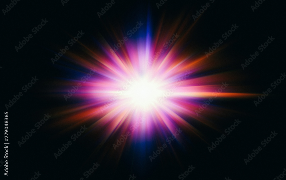 Colorful abstract radiant flash. Explosion hyper acceleration race .for speed in futuristic outer space. Star on dark background. .Magic explosion star with particles. Light effect.