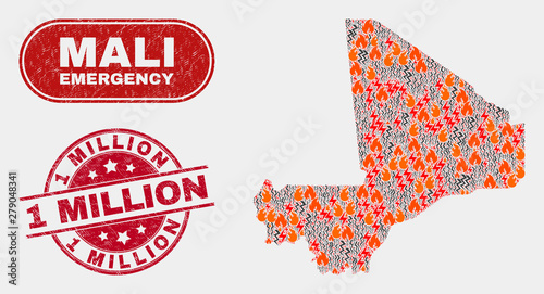 Vector composition of wildfire Mali map and red round grunge 1 Million seal. Emergency Mali map mosaic of burning, electric hazard elements. Vector composition for emergency services,