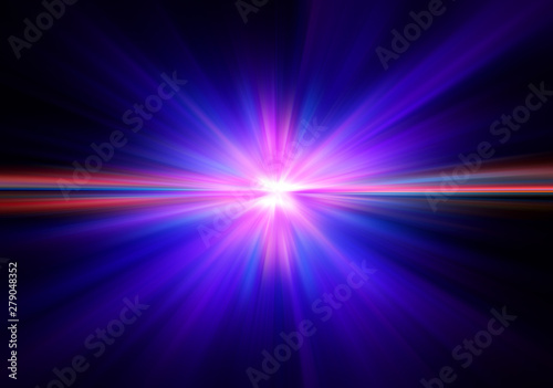 Colorful abstract radiant flash. Explosion hyper acceleration race .for speed in futuristic outer space. Star on dark background. .Magic explosion star with particles. Light effect.