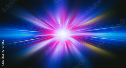 Colorful abstract radiant flash. Explosion hyper acceleration race .for speed in futuristic outer space. Star on dark background. .Magic explosion star with particles. Light effect.