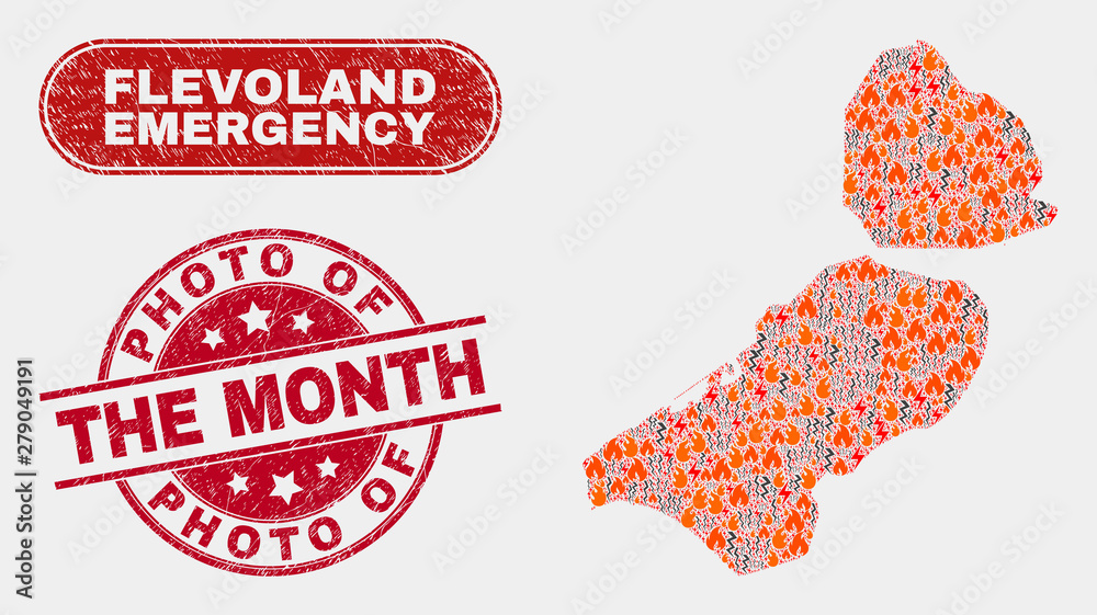 Vector composition of hazard Flevoland Province map and red round grunge Photo of the Month stamp. Emergency Flevoland Province map mosaic of flame, energy hazard elements. Vector composition of hazard Flevoland Province map and red round grunge Photo of the Month stamp. Emergency Flevoland Province map mosaic of flame, energy hazard elements.
