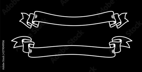 White ribbon on the black, hand drawn detailed vector scroll ribbons in outline or contour drawing. Single isolated illustration of one retro short ribbon in vintage style for three words, bold line