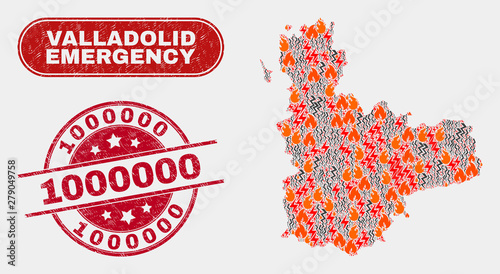 Vector collage of disaster Valladolid Province map and red round distress 1000000 seal. Emergency Valladolid Province map mosaic of flame, electric hazard symbols. Vector collage for safety services,