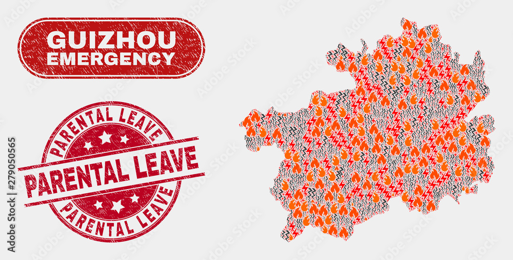 Vector collage of danger Guizhou Province map and red rounded scratched Parental Leave stamp. Emergency Guizhou Province map mosaic of flame, power lightning icons. Vector collage of danger Guizhou Province map and red rounded scratched Parental Leave stamp. Emergency Guizhou Province map mosaic of flame, power lightning icons.