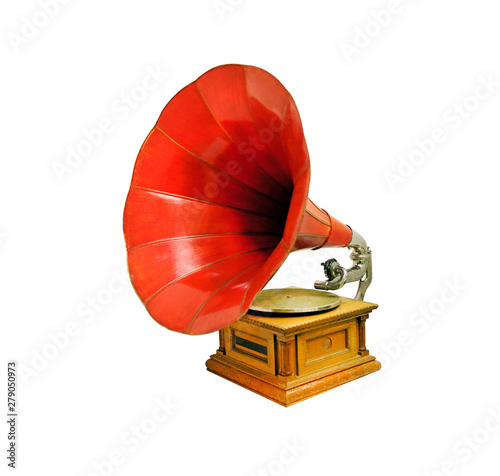 Vintage musical gramophone photographed closeup on white background