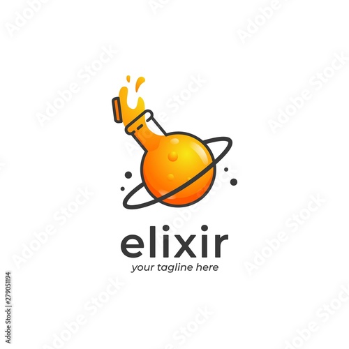 Spilled elixir logo, spilled orange potion logo with planet shape glass container with ring in cartoon style illustration photo