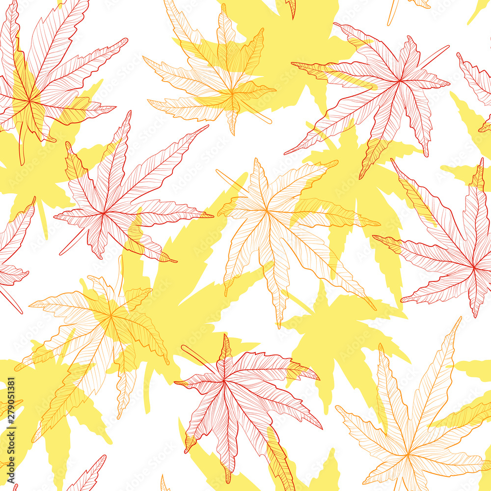 Japanese maple leaves autumn hand draw watercolor imitation seamless pattern. Falls red and oranges leaf repeater background for gift wrap, textile, cover or wallpaper Japanese maple leaves autumn hand draw watercolor imitation seamless pattern. Falls red and oranges leaf repeater background for gift wrap, textile, cover or wallpaper