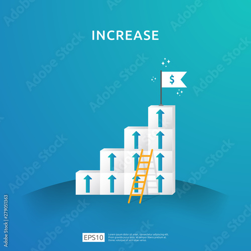 Growth business increase concept with stacking block. step stair ladder with arrow up vector illustration for success process, rise income salary rate, finance performance of return on investment ROI.