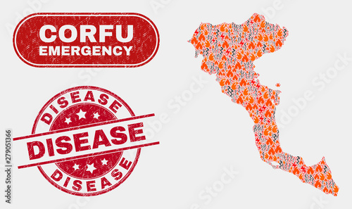 Vector composition of wildfire Corfu Island map and red rounded scratched Disease seal stamp. Emergency Corfu Island map mosaic of wildfire, energy lightning elements.