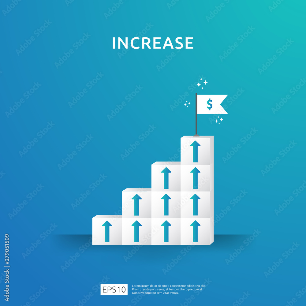 Growth business increase concept with stacking block. step stair ladder with arrow up vector illustration for success process, rise income salary rate, finance performance of return on investment ROI. Growth business increase concept with stacking block. step stair ladder with arrow up vector illustration for success process, rise income salary rate, finance performance of return on investment ROI.