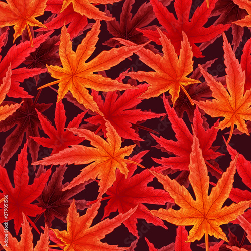 Japanese maple leaves autumn hand draw watercolor imitation seamless pattern. Falls red and oranges leaf repeater background for gift wrap, textile, cover or wallpaper