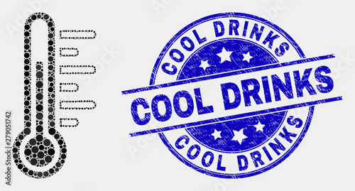 Pixel temperature mosaic icon and Cool Drinks seal. Blue vector rounded distress seal stamp with Cool Drinks message. Vector combination in flat style.