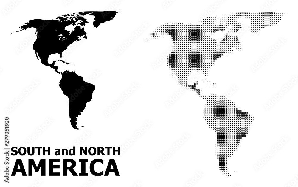 Naklejka premium Vector Halftone Pattern and Solid Map of South and North America