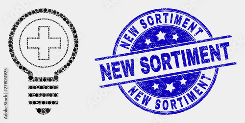Dotted medical bulb mosaic pictogram and New Sortiment seal stamp. Blue vector round grunge stamp with New Sortiment message. Vector composition in flat style.