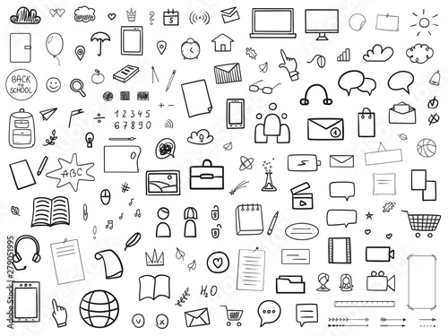 Back to school. Set of different symbols on isolated background. Big collection of simple signs on white. Hand drawn elements. Welcome back to school design. Abstract education illustration