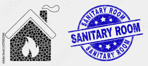 Pixelated kitchen building mosaic icon and Sanitary Room seal stamp. Blue vector rounded scratched seal with Sanitary Room title. Vector combination in flat style.