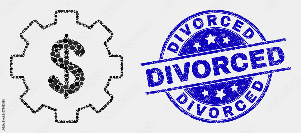 Obraz premium Pixel financial settings mosaic icon and Divorced seal. Blue vector rounded distress seal stamp with Divorced caption. Vector composition in flat style.