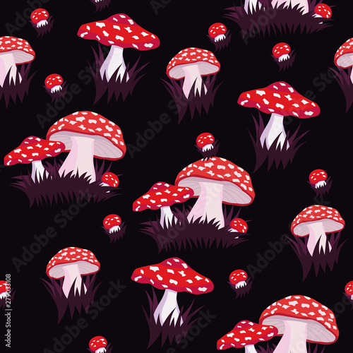 Seamless pattern with fly agaric. Print for fabric or wrapping paper or other. Vector graphics.