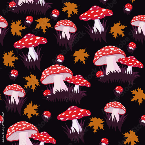 Seamless pattern with fly agaric and maple leaves. Print for fabric or wrapping paper or other. Vector graphics.