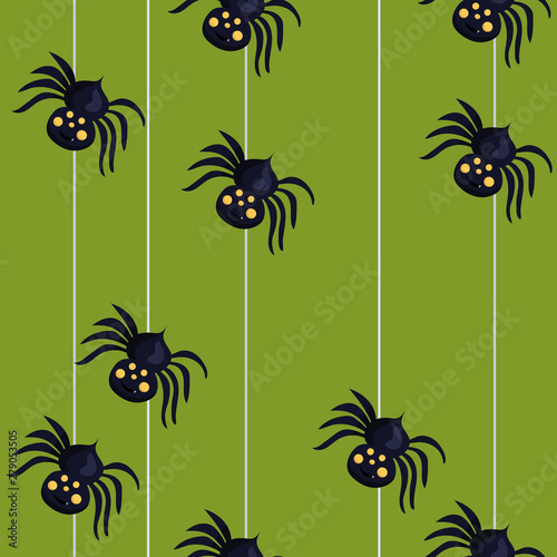 Seamless pattern with spiders descending on a spider web. Vector graphics.