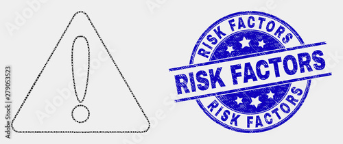 Dotted warning mosaic pictogram and Risk Factors seal stamp. Blue vector rounded textured seal stamp with Risk Factors caption. Vector combination in flat style.
