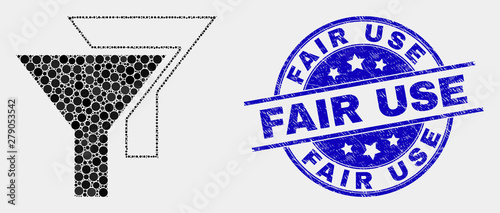 Pixelated filters mosaic icon and Fair Use seal stamp. Blue vector round distress stamp with Fair Use caption. Vector collage in flat style. Black isolated filters illustration of random circles,