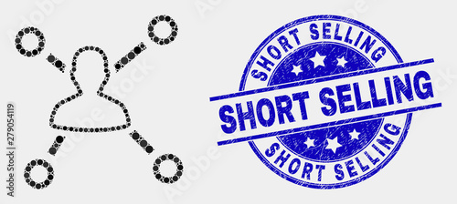 Dot user links mosaic icon and Short Selling seal stamp. Blue vector round grunge seal stamp with Short Selling title. Vector combination in flat style.