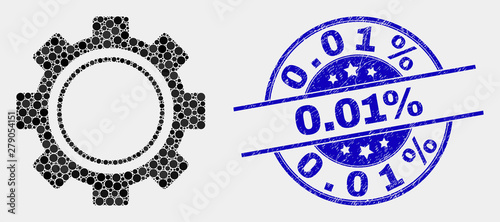Dotted gear mosaic pictogram and 0.01% stamp. Blue vector round scratched stamp with 0.01% caption. Vector combination in flat style. Black isolated gear mosaic of scattered dots, and 0.