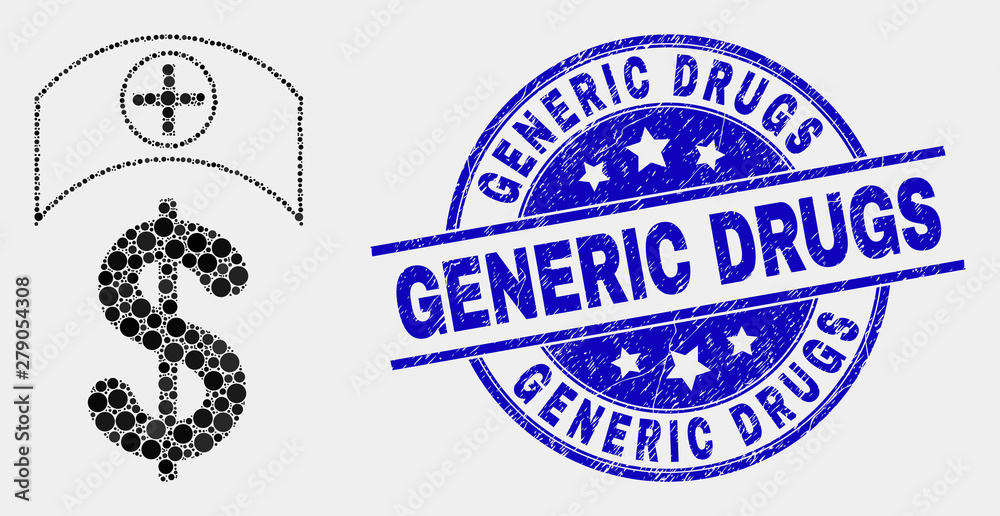 Obraz premium Pixel medicine price mosaic pictogram and Generic Drugs seal stamp. Blue vector round distress seal stamp with Generic Drugs caption. Vector composition in flat style.