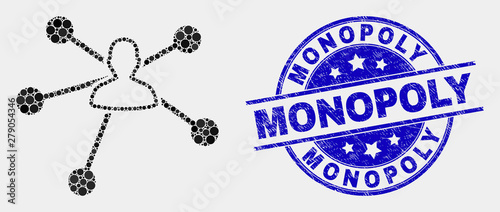 Dot user links mosaic icon and Monopoly seal stamp. Blue vector round scratched watermark with Monopoly phrase. Vector combination in flat style. Black isolated user links mosaic of random dots,