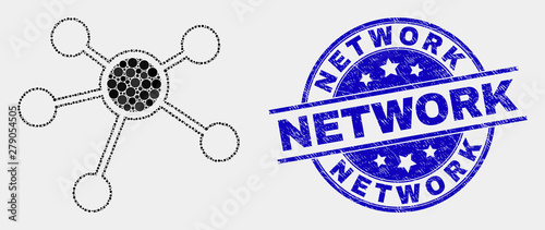 Pixel links mosaic icon and Network watermark. Blue vector round distress seal stamp with Network text. Vector collage in flat style. Black isolated links mosaic of scattered spheres,