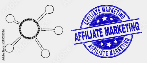 Pixel links mosaic pictogram and Affiliate Marketing stamp. Blue vector rounded scratched seal stamp with Affiliate Marketing message. Vector composition in flat style.