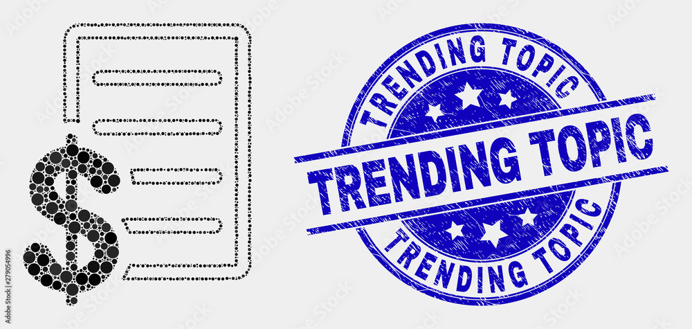 Dotted price list mosaic icon and Trending Topic seal stamp. Blue vector round grunge seal with Trending Topic text. Vector combination in flat style. Dotted price list mosaic icon and Trending Topic seal stamp. Blue vector round grunge seal with Trending Topic text. Vector combination in flat style.