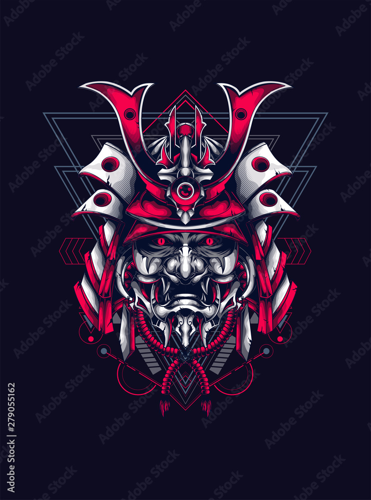 samurai head with detail mask and sacred geometry pattern as the background samurai head with detail mask and sacred geometry pattern as the background